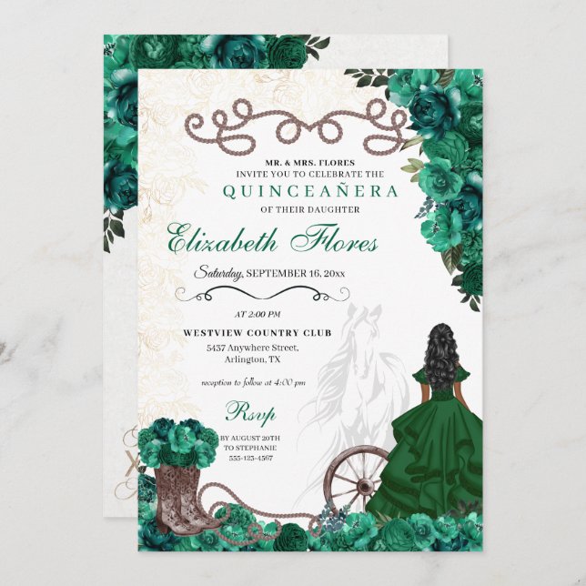 Invitación Princesa Verde Occidental Floral Charra Quinceañer (Anverso / Reverso)