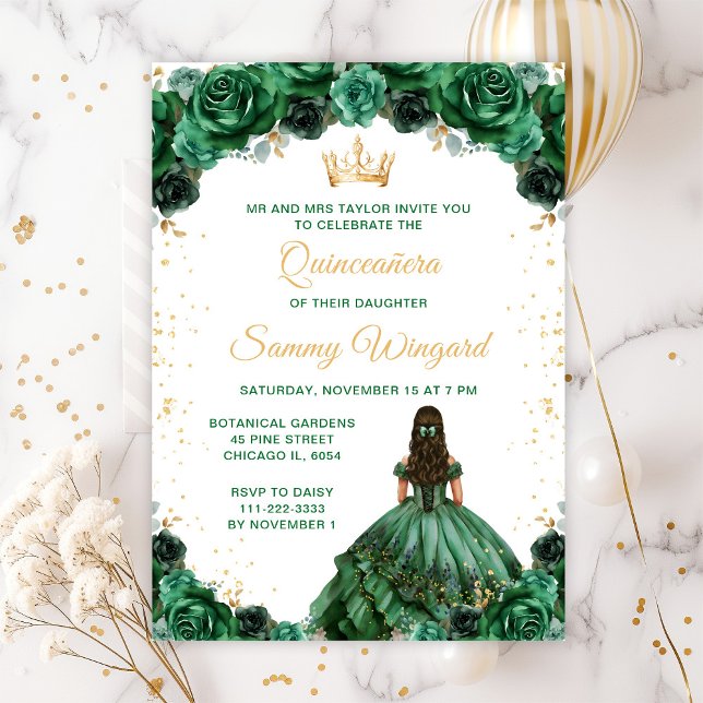 Invitación Princesa Verde Oscura Floral Quinceañera (Subido por el creador)