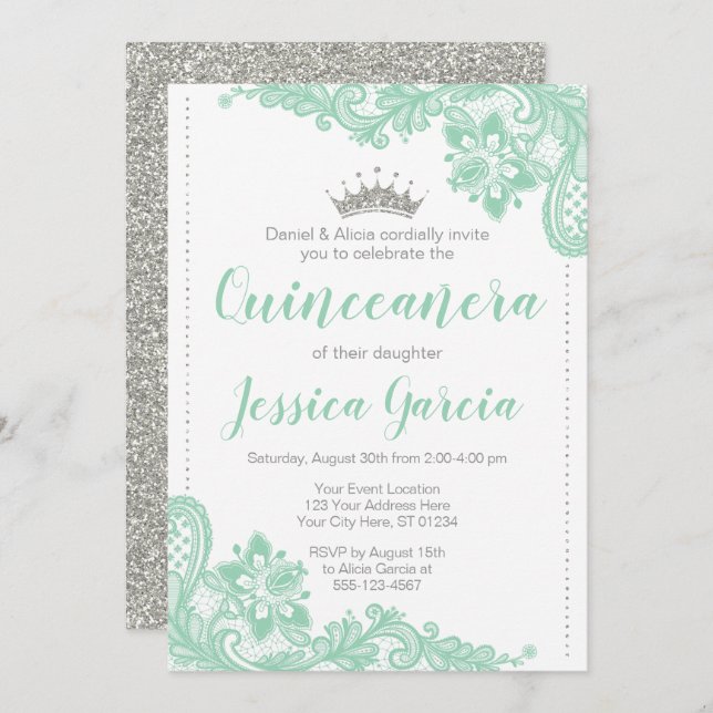 Invitación Princesa verde Quinceañera del purpurina del (Anverso / Reverso)