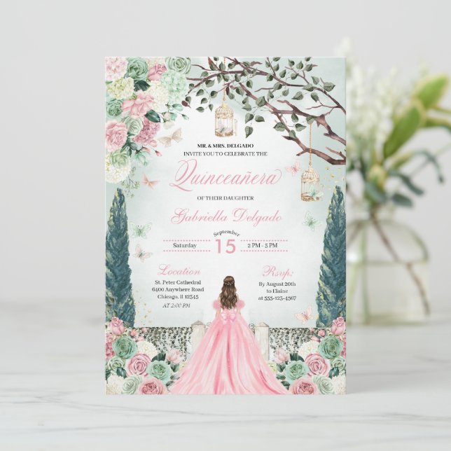 Invitación Princesa Verde Rosa Jardín encantado Quinceanera (Anverso de pie)
