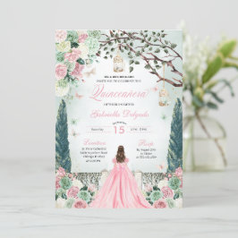 Invitación Princesa Verde Rosa Jardín encantado Quinceanera