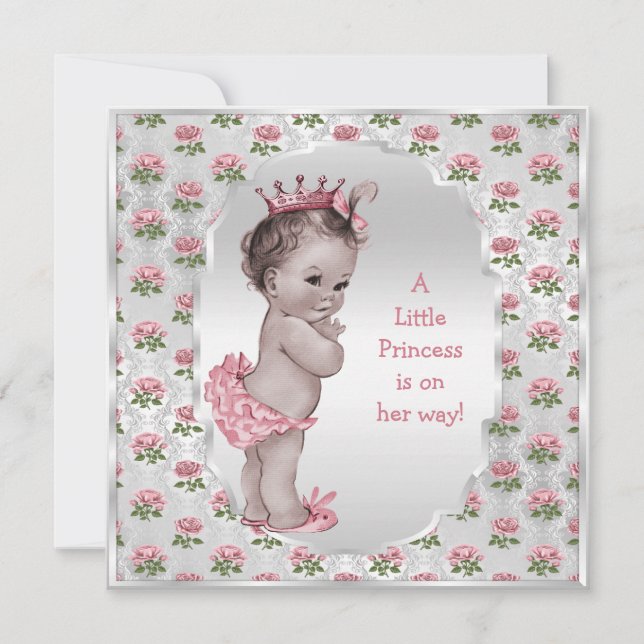 Invitación Princesa Vieja Rosa Plata Baby Shower (Anverso)