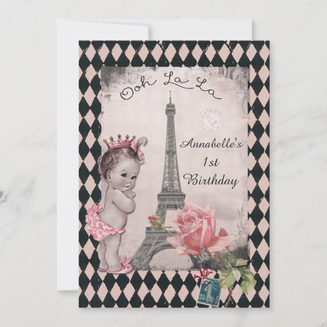 Invitación Princesa Vieja Torre Eiffel Bebé Primer cumpleaños (Anverso)