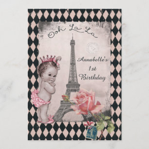 Invitación Princesa Vieja Torre Eiffel Bebé Primer cumpleaños