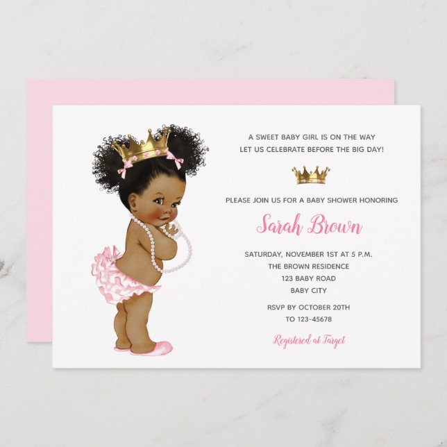 Invitación Princesa vieja vieja vieja de bebé africana rosa (Anverso / Reverso)