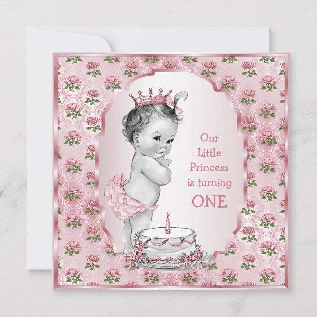 Invitación Princesa Vintage Bebé Roses rosados Primer Pastel  (Anverso)