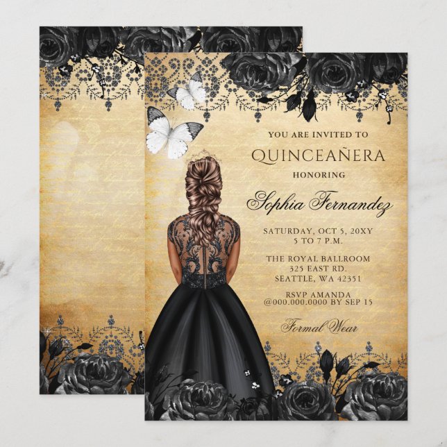 Invitación Princesa Vintage Mariposa Negra Quinceañera (Anverso / Reverso)