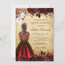 Invitación Princesa Vintage Mariposa Roja Quinceañera