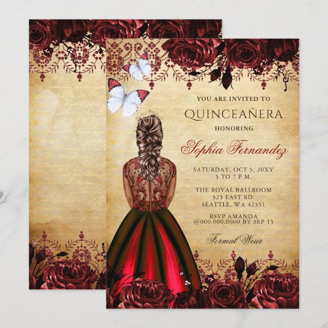 Invitación Princesa Vintage Mariposa Roja Quinceañera (Anverso / Reverso)
