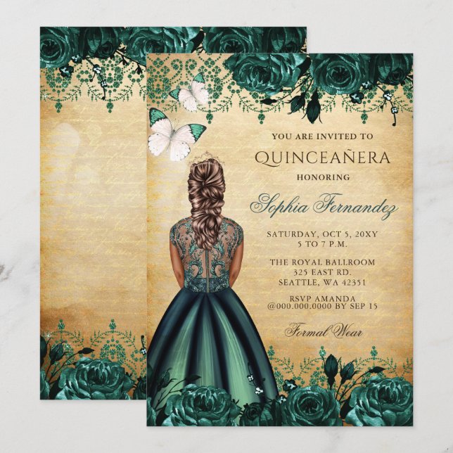 Invitación Princesa Vintage Mariposa Verde Quinceañera (Anverso / Reverso)