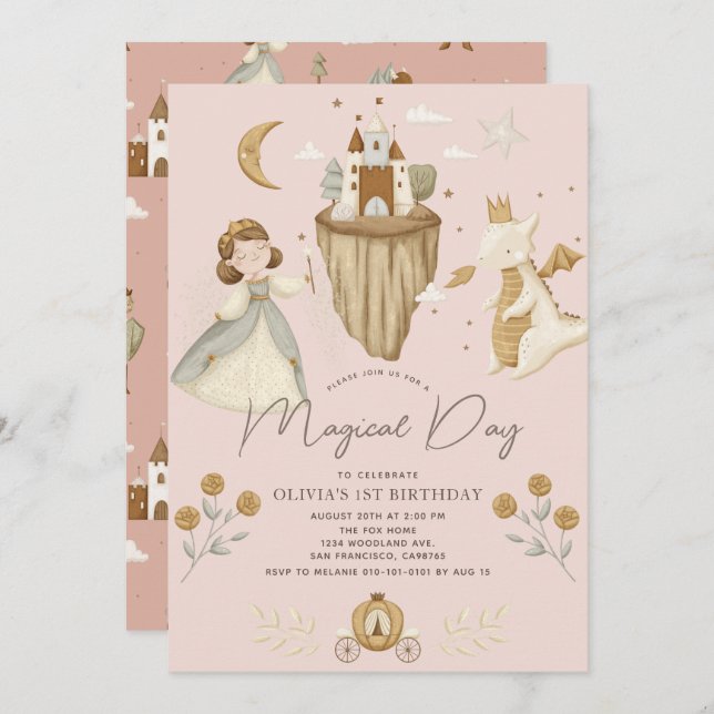 Invitación Princesa y Dragon Boho cuento de hadas Primer cump (Anverso / Reverso)