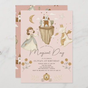 Invitación Princesa y Dragon Boho cuento de hadas Primer cump