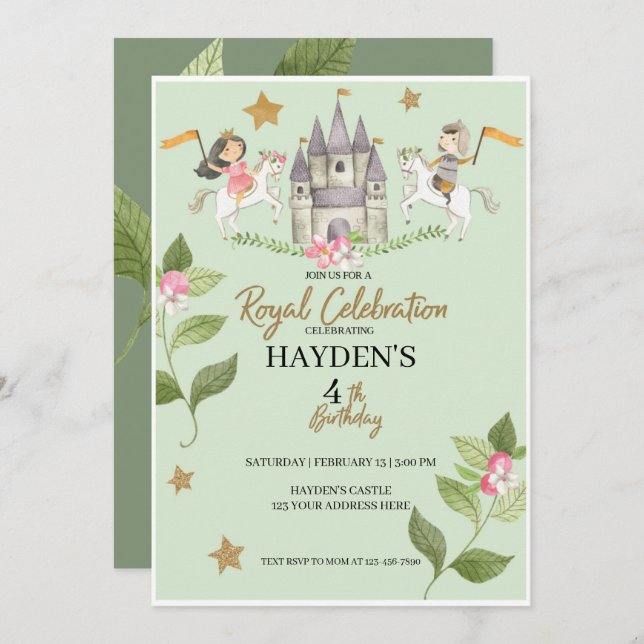 Invitación Princesa y fiesta Knight, Princesa, niños Cumpleañ (Anverso / Reverso)
