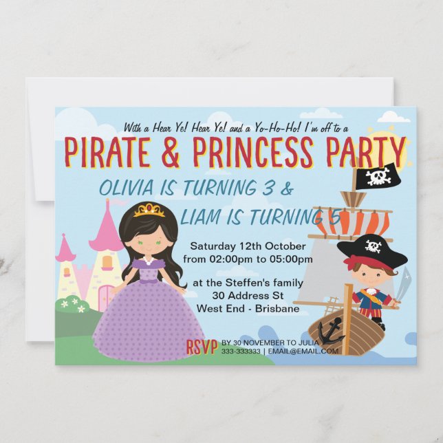 Invitación Princesa y Pirata (Anverso)