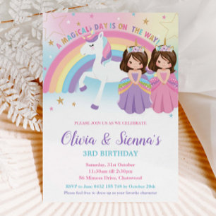 Invitación Princesas de brunette gemelas y cumpleaños de Unic