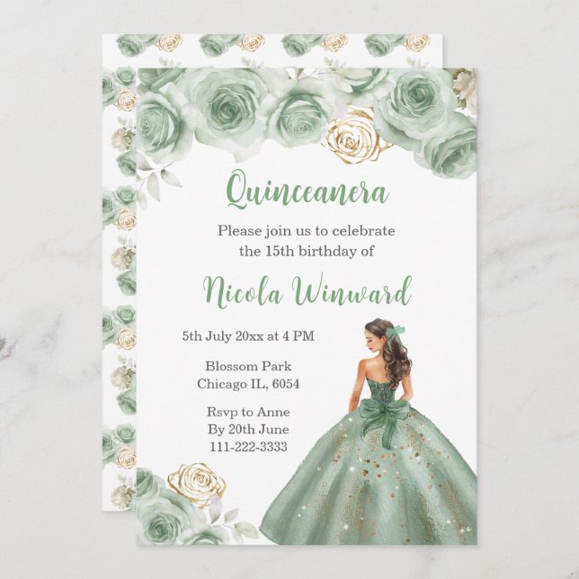 Invitación Princesas florales vestidas con verde sabio Quince