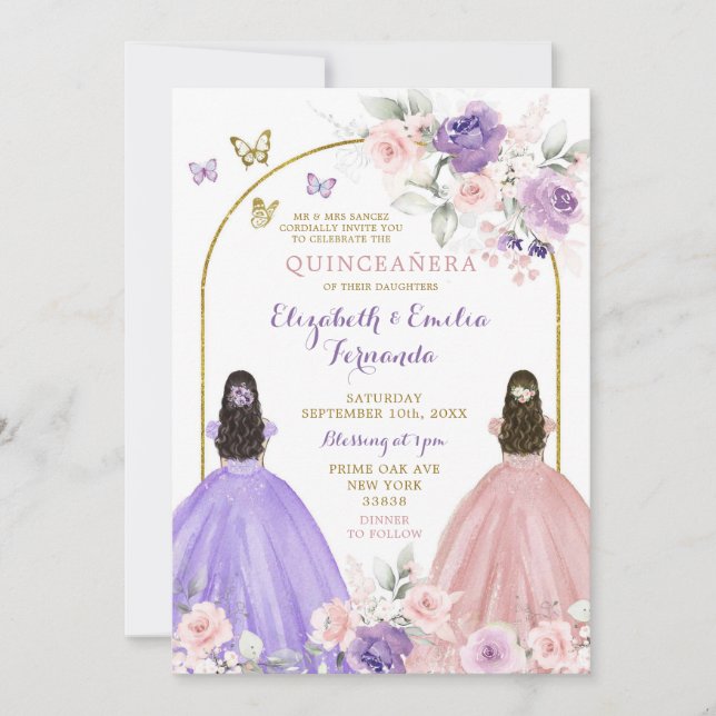 Invitación Princesas gemelas Lilac y Rubor Rosa Quinceañera (Anverso)