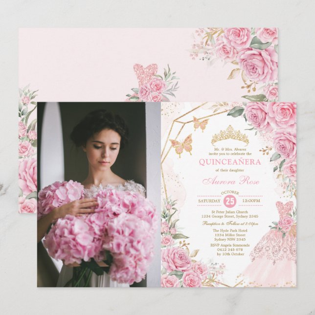 Invitación Princesas Mis Quince, Rosas rosados de Rubor (Anverso / Reverso)