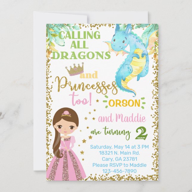Invitación Princess and dragon siblings birthday invitation. (Anverso)