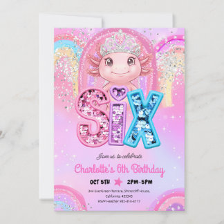 Invitación Princess Axolotl Cumpleaños 6 Arcoíris Lentejuelas