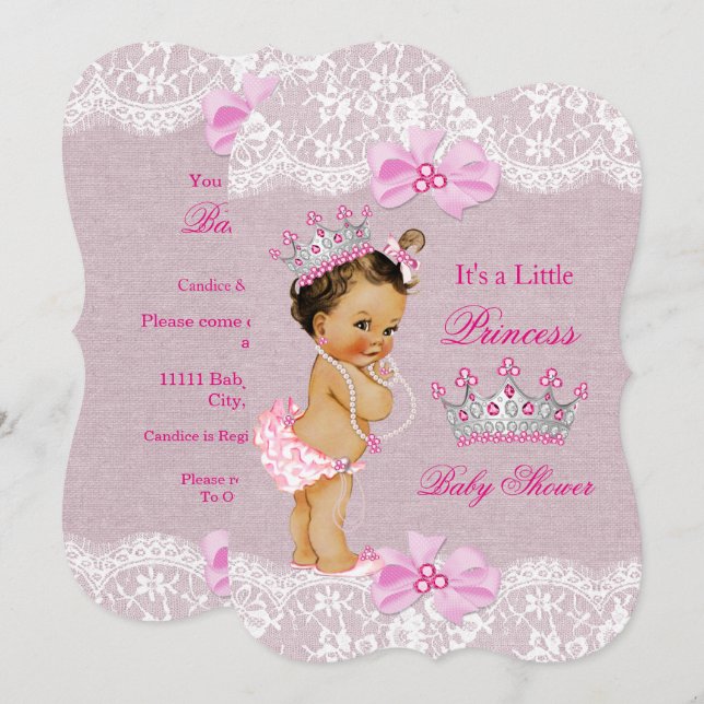 Invitación Princess Baby Shower Burlap Lace Brunette (Anverso / Reverso)