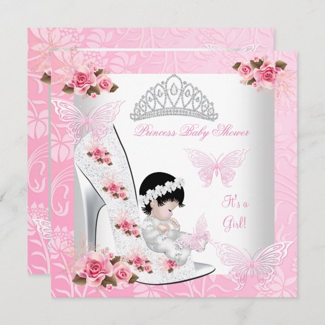 Invitación Princess Baby Shower Chica Butterfly Shoe Pink Ros (Anverso / Reverso)