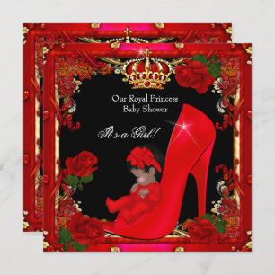 Invitación Princess Baby Shower Chica Gold Red Rose Shoe 2a