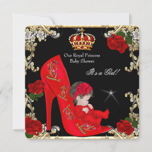 Invitación Princess Baby Shower Chica Gold Red Rose Shoe 4a