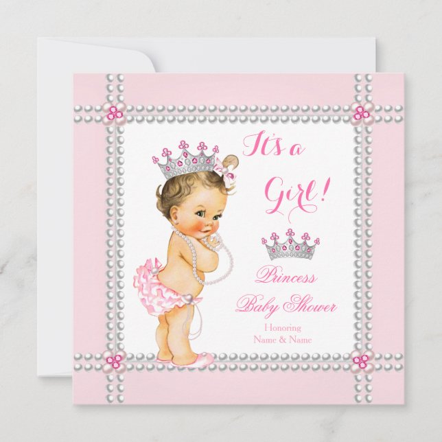 Invitación Princess Baby Shower Chica Pink Pearls Brunette (Anverso)