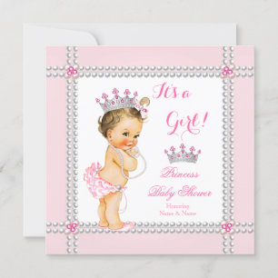 Invitación Princess Baby Shower Chica Pink Pearls Brunette