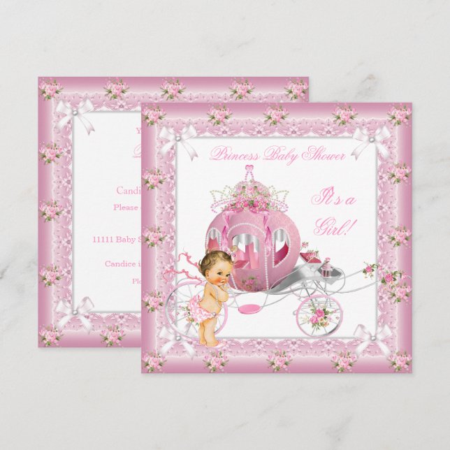 Invitación Princess Baby Shower Chica Pink Pearls Brunette (Anverso / Reverso)