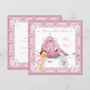 Invitación Princess Baby Shower Chica Pink Pearls Brunette