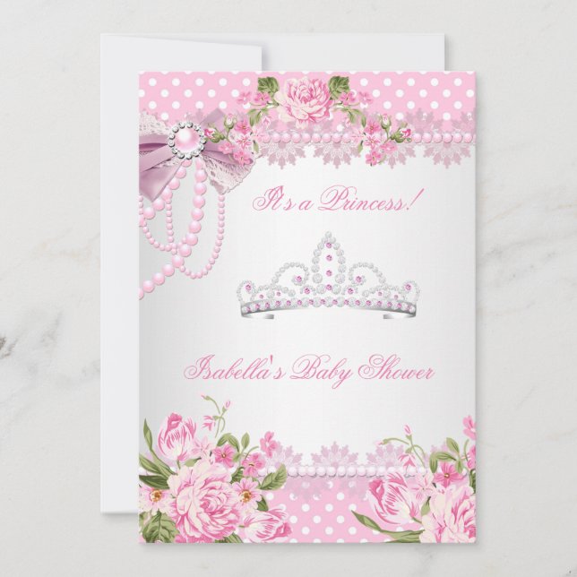 Invitación Princess Baby Shower Chica Pink Rose Polka Dots (Anverso)