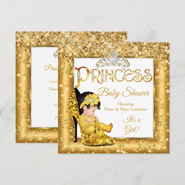 Invitación Princess Baby Shower Gold High Heol Purpurina Medi (Anverso / Reverso)