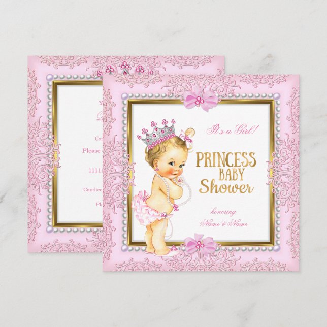 Invitación Princess Baby Shower Gold Pink Pearls Lace Blonde (Anverso / Reverso)