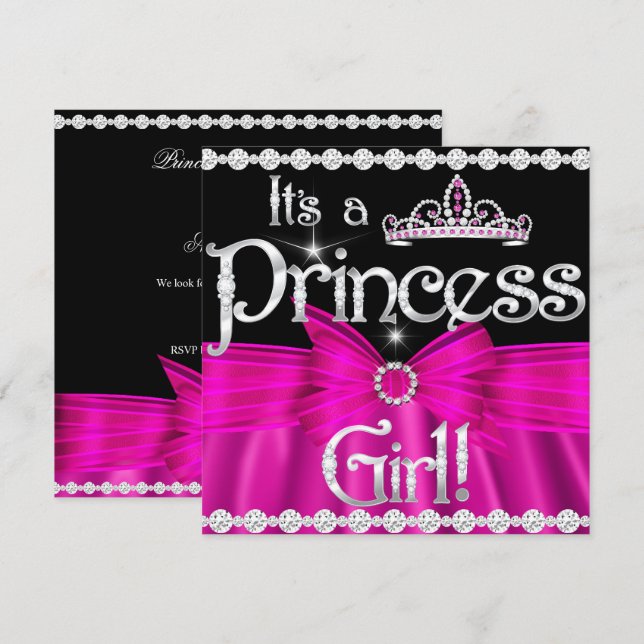 Invitación Princess Baby Shower Hot Bow Silver Tiara 2 (Anverso / Reverso)