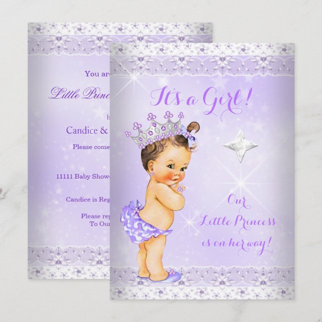 Invitación Princess Baby Shower Lilac Lace Tiara Brunette (Anverso / Reverso)