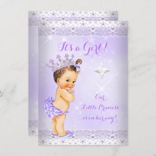 Invitación Princess Baby Shower Lilac Lace Tiara Brunette