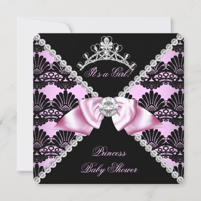 Invitación Princess Baby Shower Pink Black Lace Diamond (Anverso)