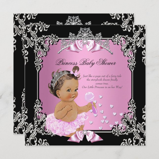Invitación Princess Baby Shower Pink Black Tutu Brunette (Anverso / Reverso)