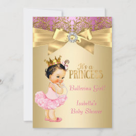 Invitación Princess Baby Shower Pink Gold Ballerina Brunette