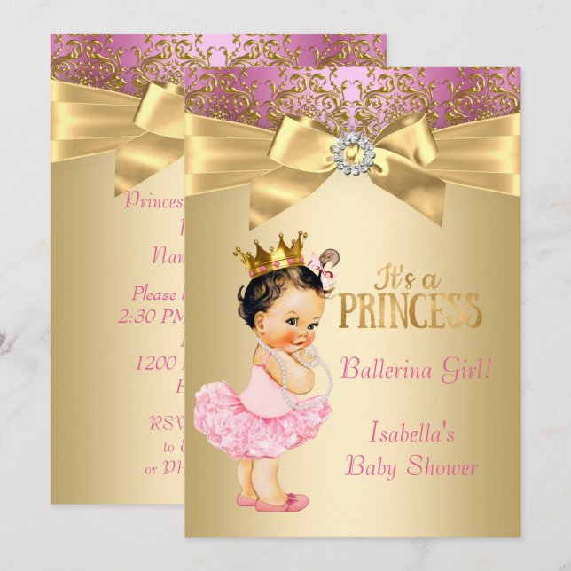 Invitación Princess Baby Shower Pink Gold Ballerina Brunette (Anverso / Reverso)