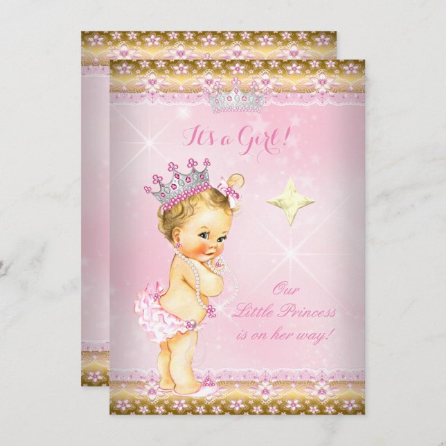 Invitación Princess Baby Shower Pink Gold Lace Tiara Blonde (Anverso / Reverso)