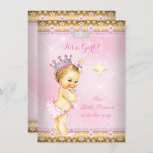 Invitación Princess Baby Shower Pink Gold Lace Tiara Blonde
