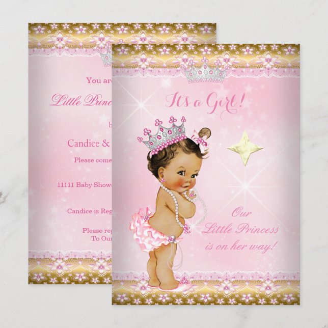 Invitación Princess Baby Shower Pink Gold Lace Tiara Brunette (Anverso / Reverso)