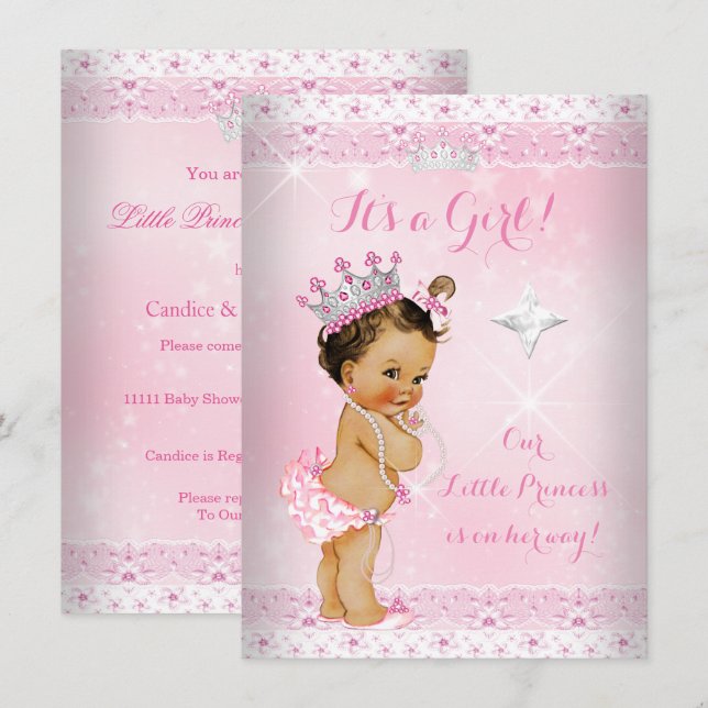 Invitación Princess Baby Shower Pink Lace Tiara Brunette (Anverso / Reverso)
