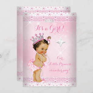 Invitación Princess Baby Shower Pink Lace Tiara Brunette