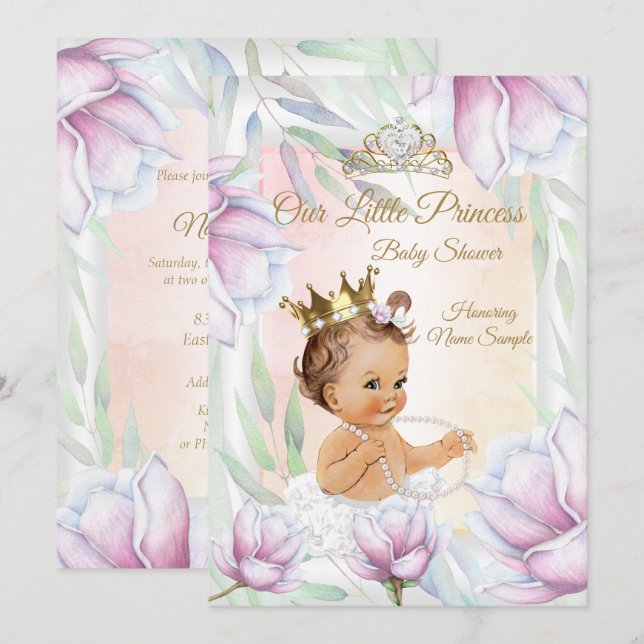 Invitación Princess Baby Shower Pink Lilac Floral Brunette (Anverso / Reverso)
