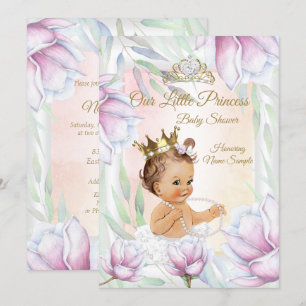 Invitación Princess Baby Shower Pink Lilac Floral Brunette