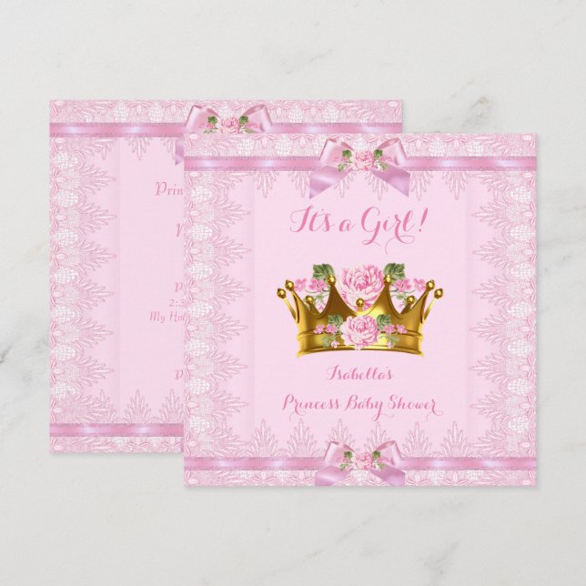 Invitación Princess Baby Shower Pink Rose Lace Bow (Anverso / Reverso)